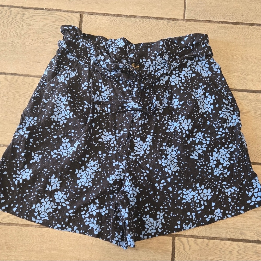 Who What Wear‎ Womens Linen Blend Paperbag Waist Shorts Blue Black Print Size 14
